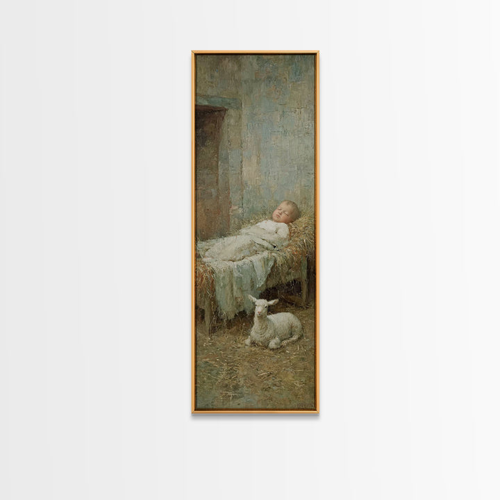Gentle Stable Rest – Framed Canvas Print – Skinny Art – Christian Art Print – Vintage Christian Art – Christmas Wall Art