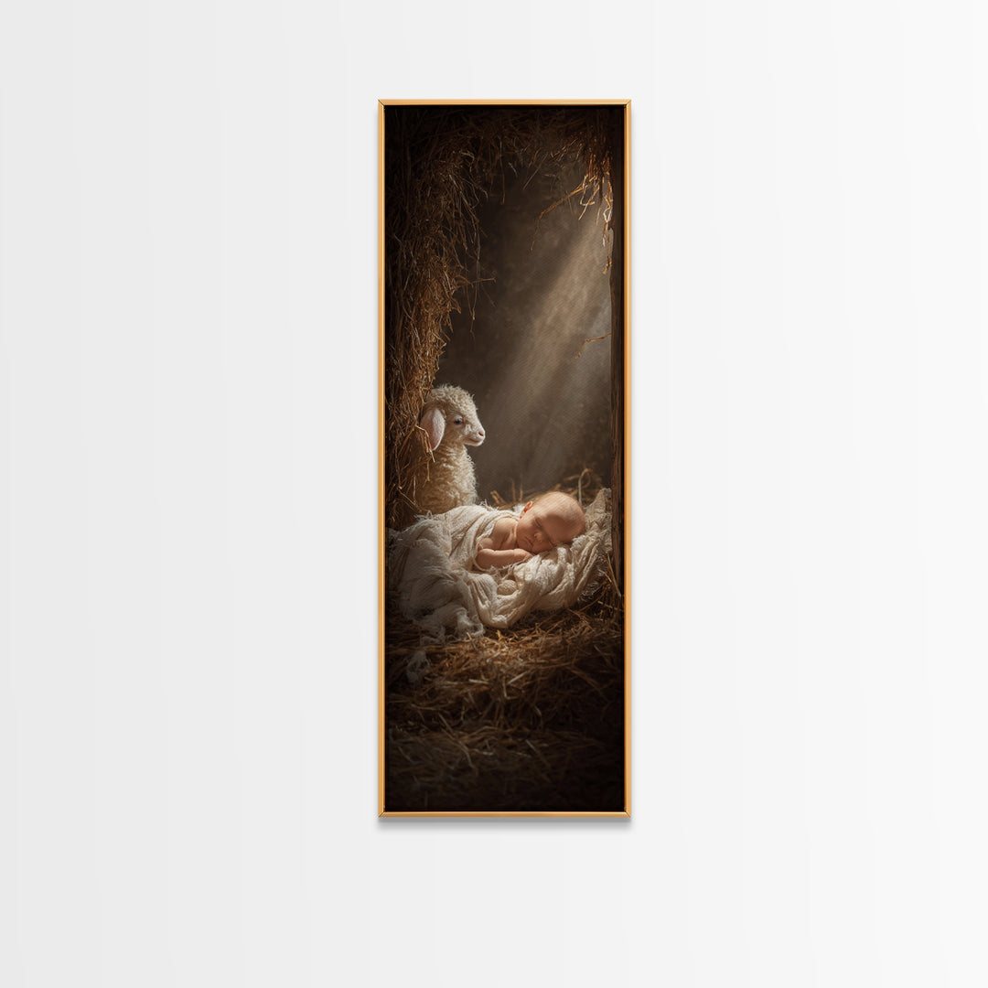 Humble Cradle Light – Framed Canvas Print – Tall Skinny Art Print – Christian Wall Art – Christian Art Work – Christmas Art