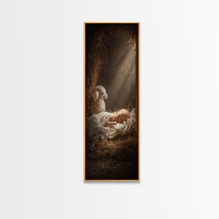 Humble Cradle Light – Framed Canvas Print – Tall Skinny Art Print – Christian Wall Art – Christian Art Work – Christmas Art