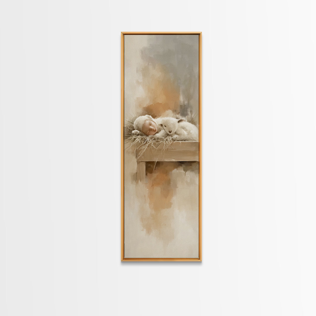 Soft Lamb Blessing – Framed Canvas Print – Tall Narrow Wall Art – Christian Art Prints – Christian Christmas Art – Jesus Painting