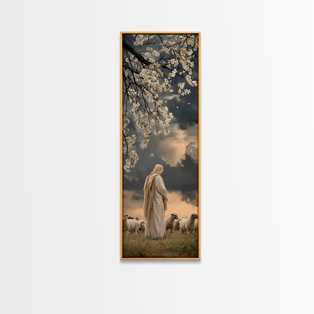 Quiet Shepherd Light, Framed Canvas Print, Christian Art Print, Jesus Wall Art, Skinny Art, Christian Christmas Decor, Christian Painting