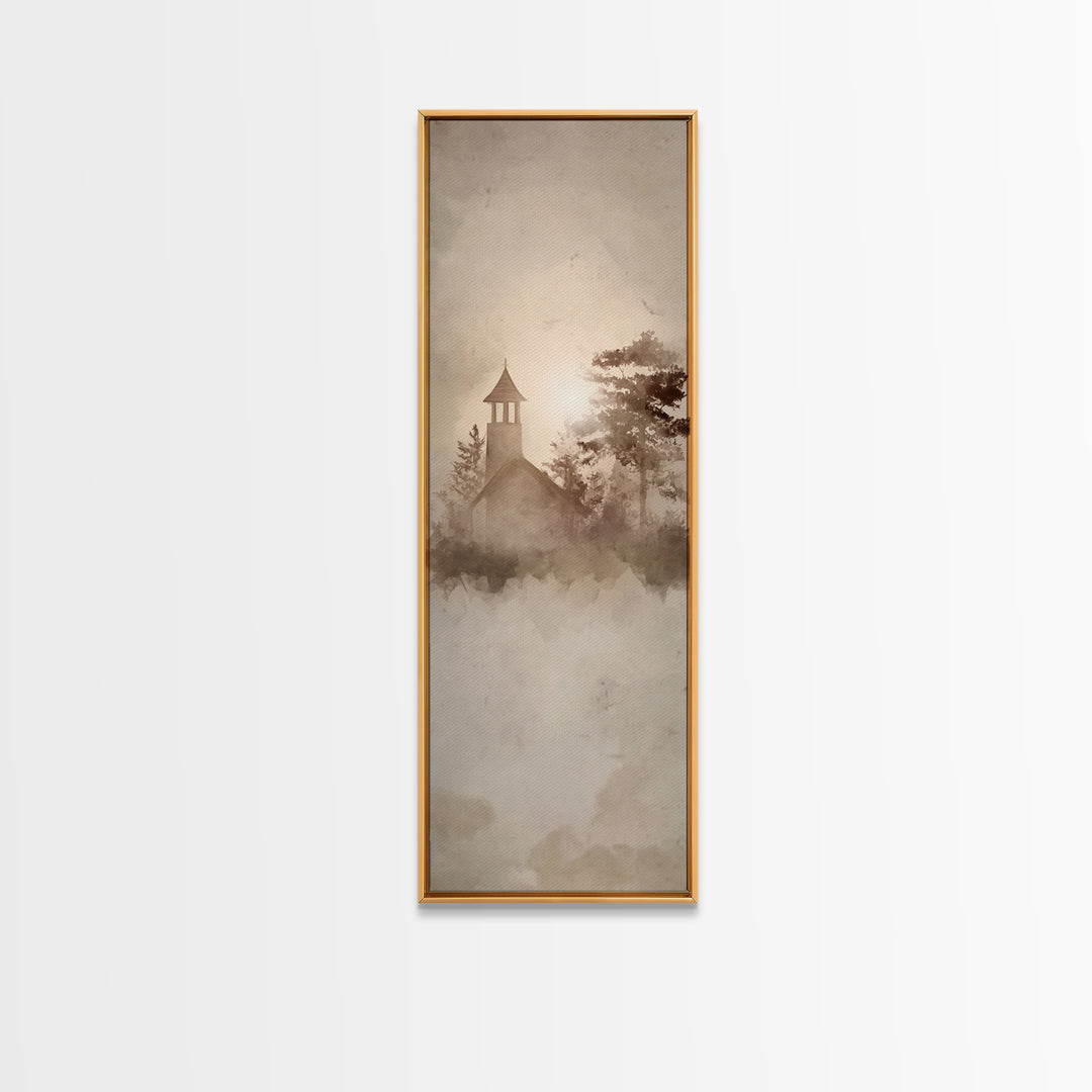 Dawn Chapel Stillness, Framed Canvas Print, Christian Wall Art, Minimalist Christian Art, Tall Skinny Art Print, Christian Decor, Christmas