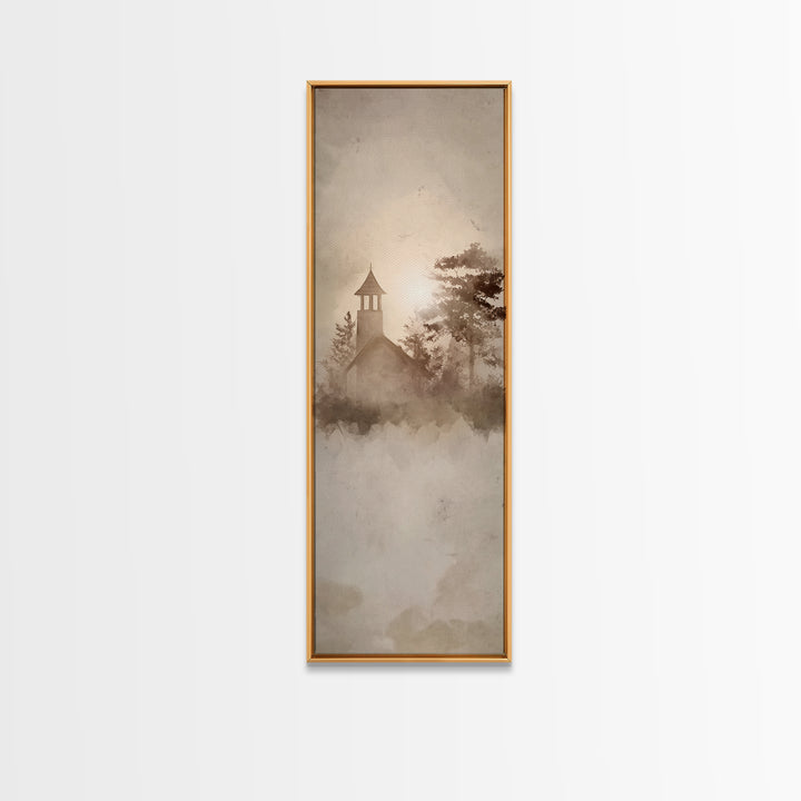 Dawn Chapel Stillness, Framed Canvas Print, Christian Wall Art, Minimalist Christian Art, Tall Skinny Art Print, Christian Decor, Christmas