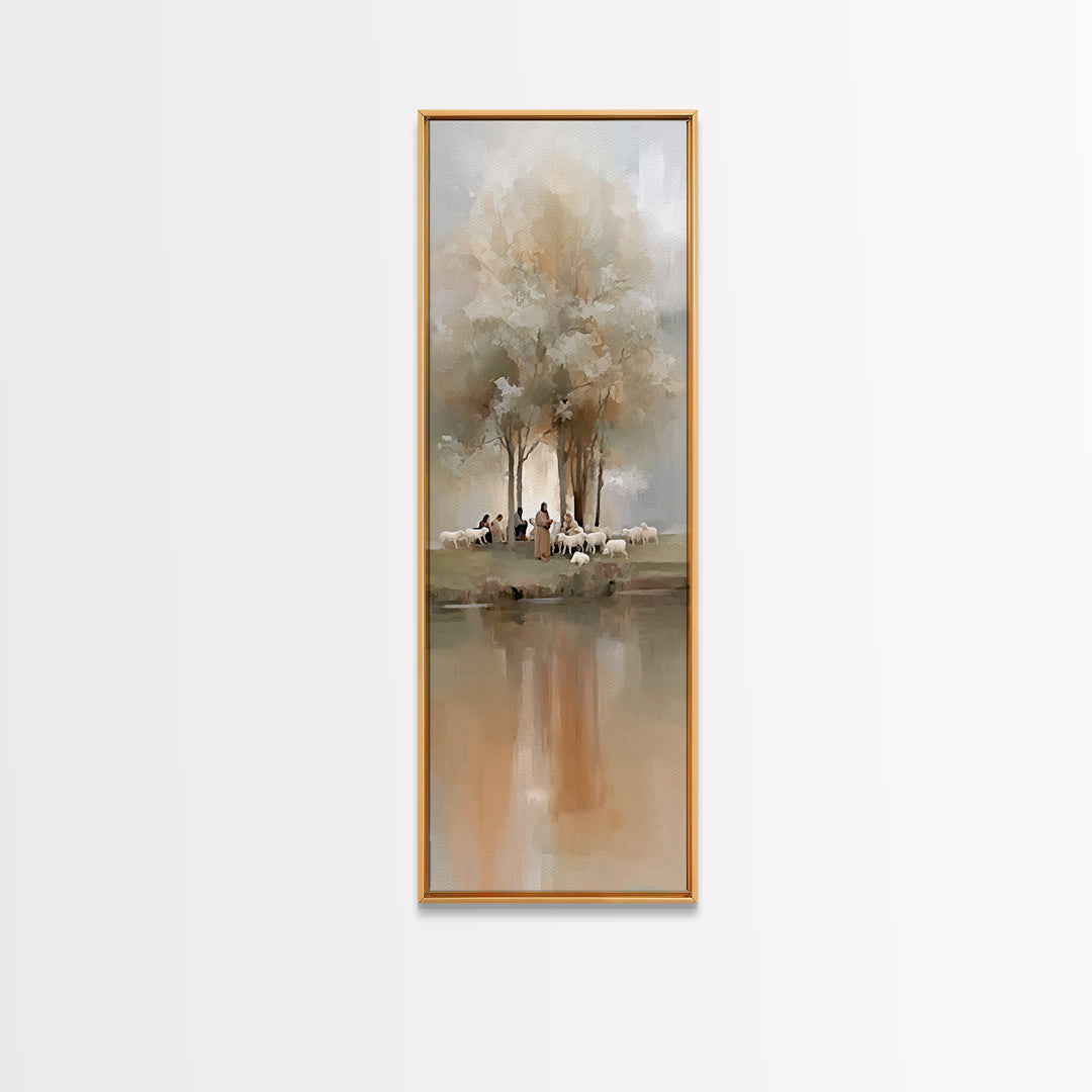 Morning Pasture Calm | Framed Canvas Print | Tall Skinny Art Print | Christian Wall Art | Jesus Painting | Christian Art Canvas | Christmas