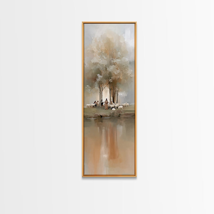 Morning Pasture Calm | Framed Canvas Print | Tall Skinny Art Print | Christian Wall Art | Jesus Painting | Christian Art Canvas | Christmas