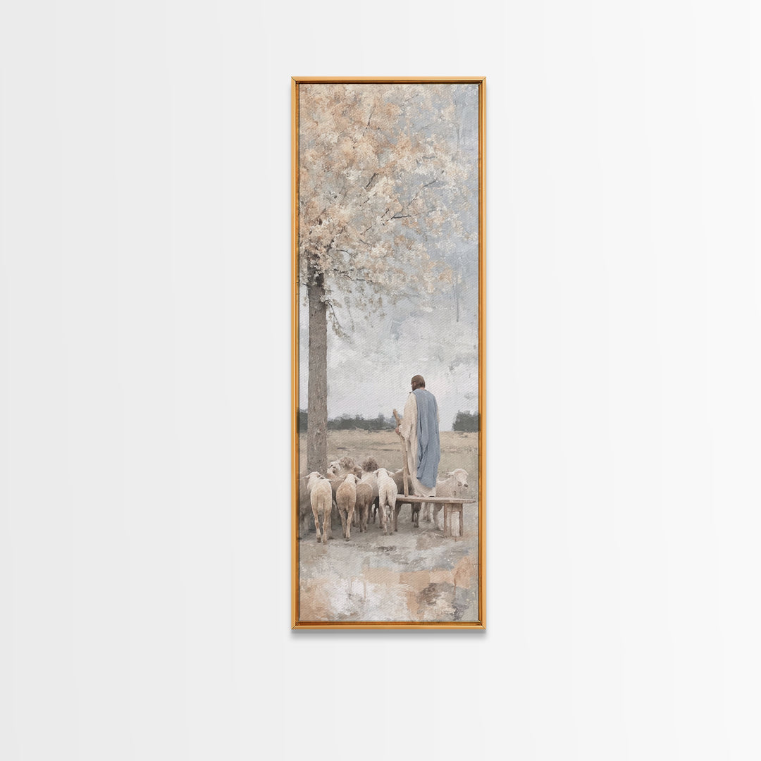 Riverside Shepherd Calm, Framed Canvas Print, Tall Narrow Wall Art, Christian Art Canvas, Jesus Painting, Christian Christmas Art, Christia