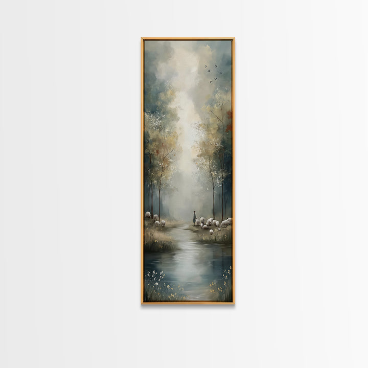 Pastoral Stillness, Framed Canvas Print, Narrow Art, Christian Wall Art, Jesus Painting, Christian Art Canvas, Christmas Art
