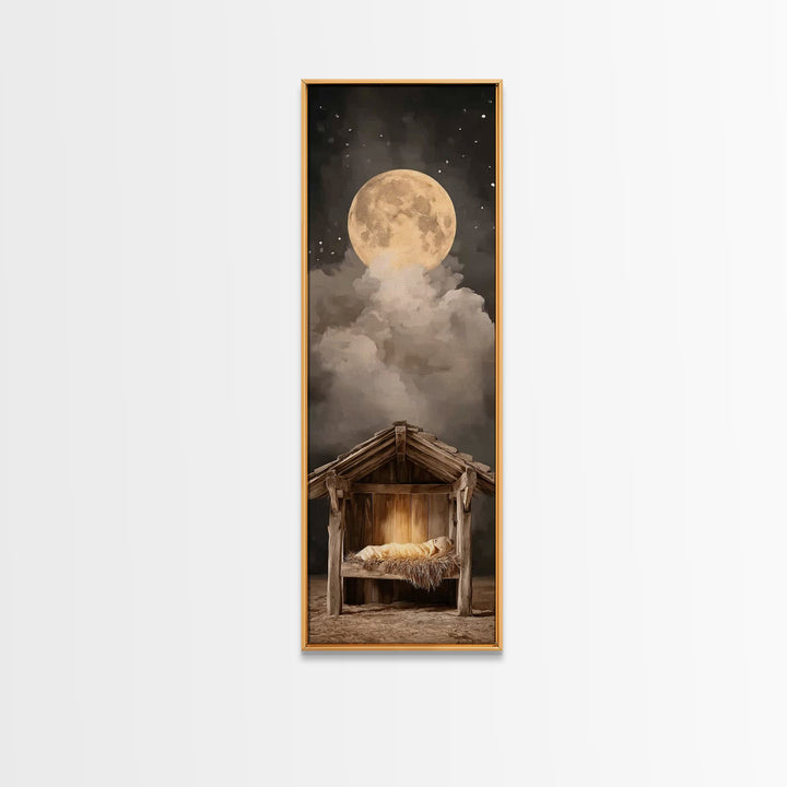 Nativity Moonrise – Framed Canvas Print – Narrow Art – Christian Christmas Art – Christian Art Canvas – Christian Wall Art – Christmas Art
