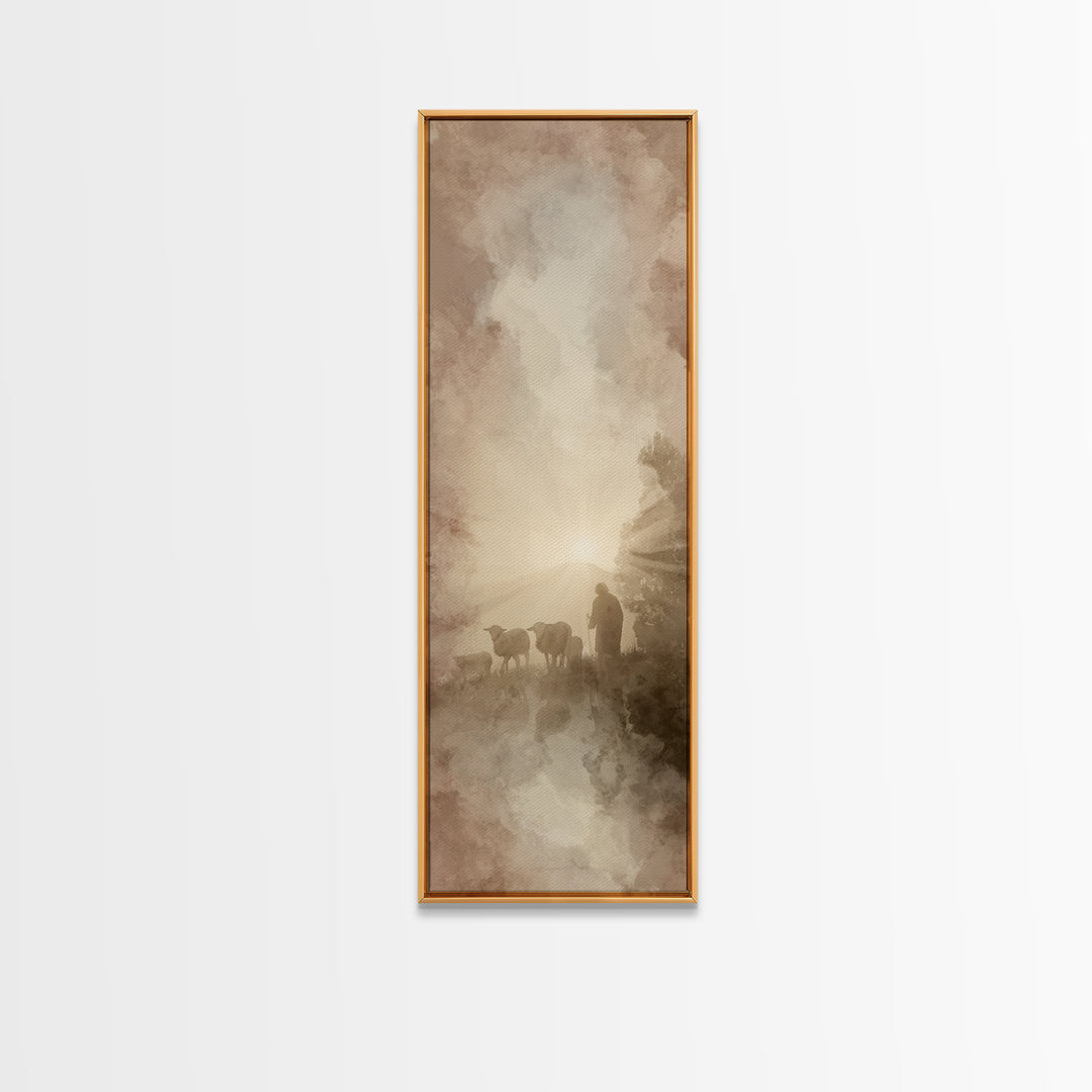 Dawn Of The Flock, Framed Canvas Print, Narrow Art, Christian Wall Art, Christian Art Canvas, Jesus Painting, Christmas Art