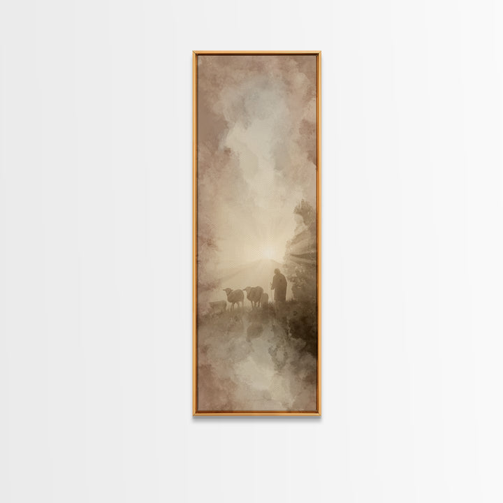 Dawn Of The Flock, Framed Canvas Print, Narrow Art, Christian Wall Art, Christian Art Canvas, Jesus Painting, Christmas Art