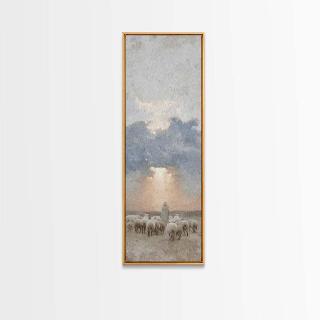 Morning Shepherd Grace – Framed Canvas Print – Tall Skinny Art Print – Christian Painting – Christian Art Canvas – Christmas Art
