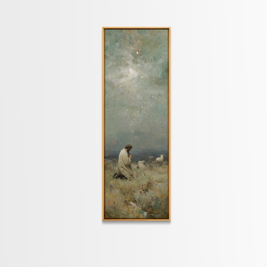 Kneeling In Faith, Framed Canvas Print, Narrow Art, Christian Art Canvas, Christian Wall Art, Jesus Painting, Christmas Art