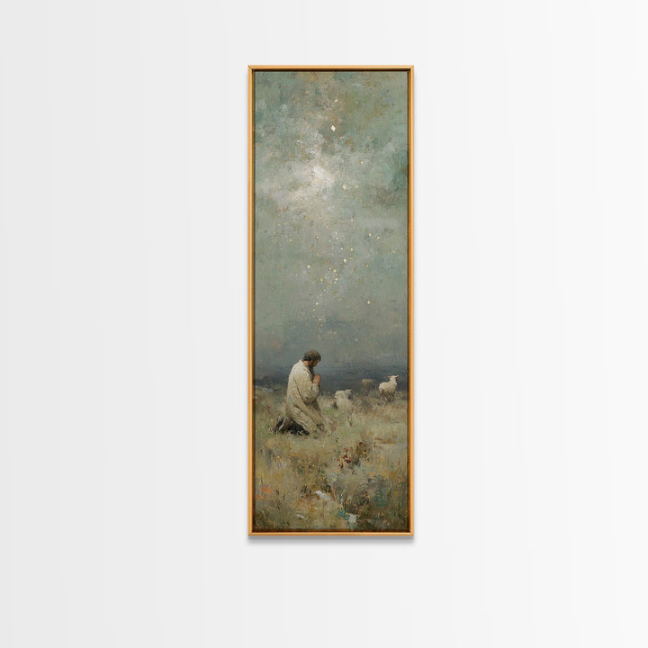 Kneeling In Faith, Framed Canvas Print, Narrow Art, Christian Art Canvas, Christian Wall Art, Jesus Painting, Christmas Art