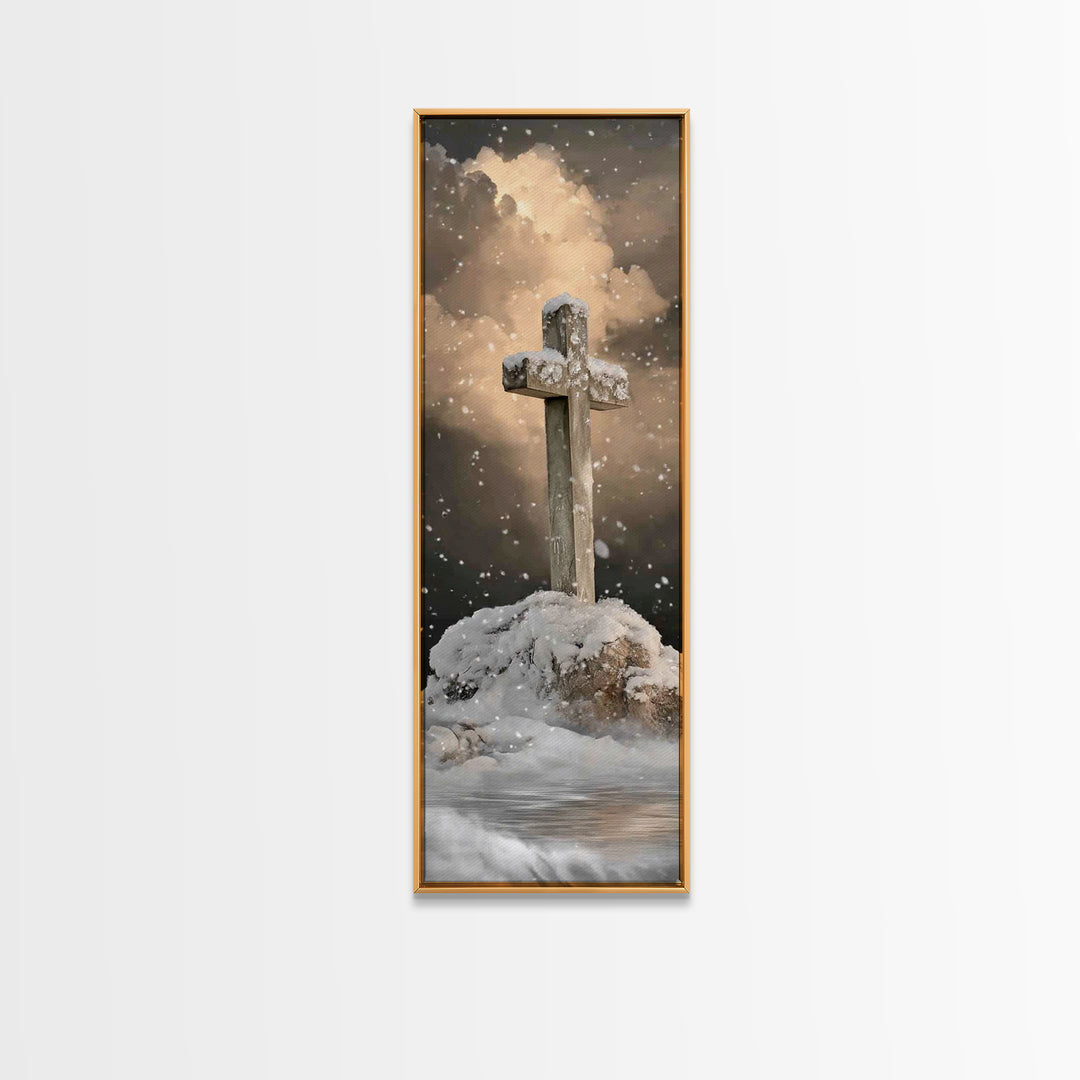 Icy Cross Radiance – Framed Canvas Print – Narrow Art – Christian Art Work – Christian Wall Art – Christian Christmas Art – Christian Paint