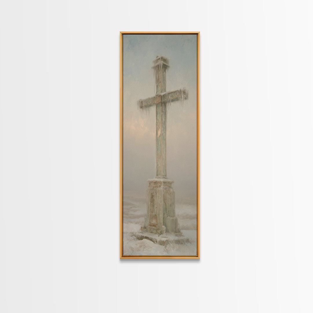 Winter Dawn Cross – Framed Canvas Print – Tall Skinny Art Print – Christian Wall Art – Christian Paintings – Christian Art Canvas – Christm