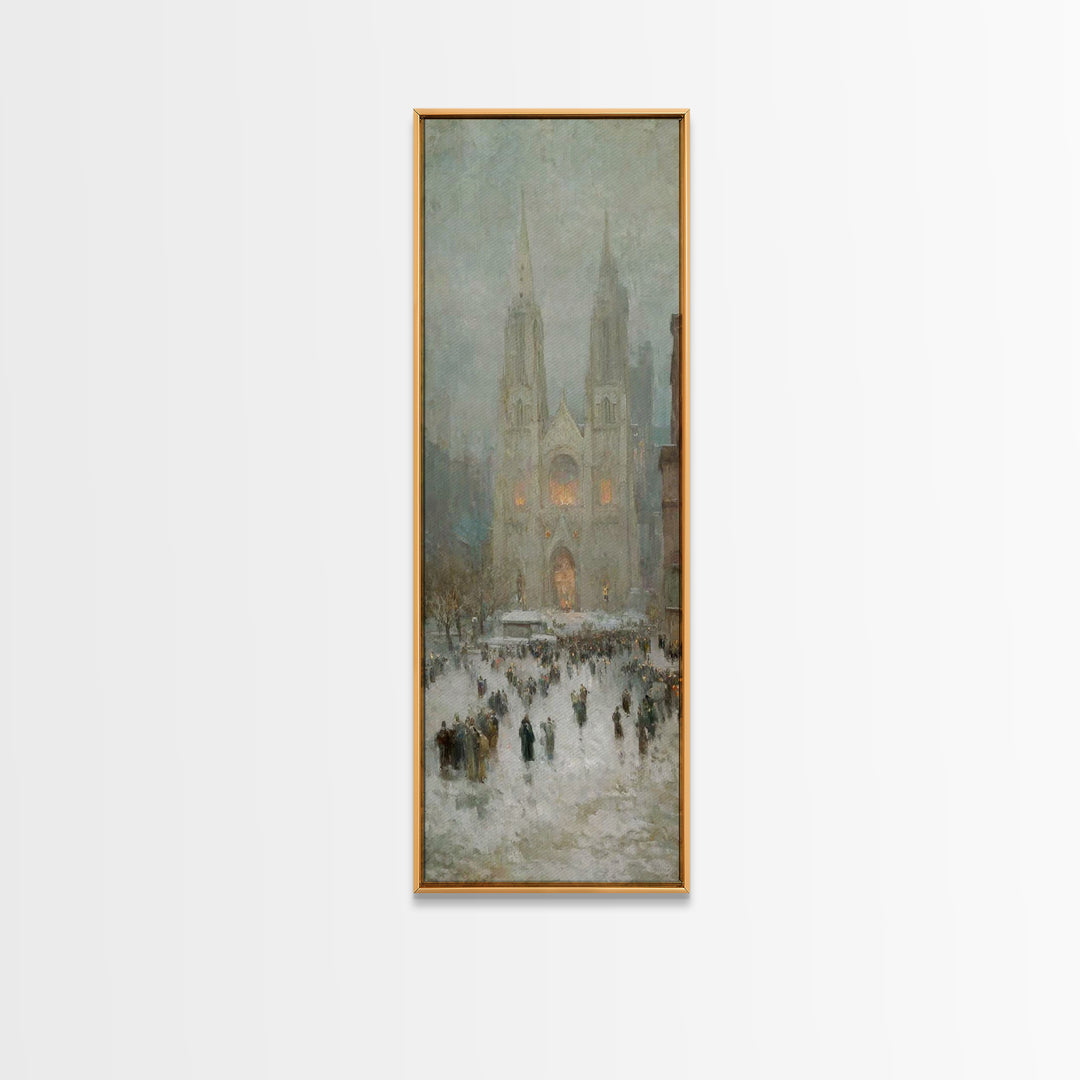 Cathedral Snow Gathering - Framed Canvas Print - Christian Art Canvas - Christmas Wall Art - Tall Skinny Art Print - Christian Painting - H