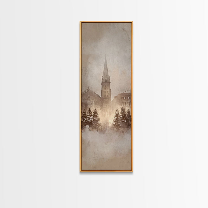 Frosted Chapel Dawn - Framed Canvas Print - Christian Christmas Art - Christian Wall Art - Skinny Art - Christian Art Gift - Vintage Christ