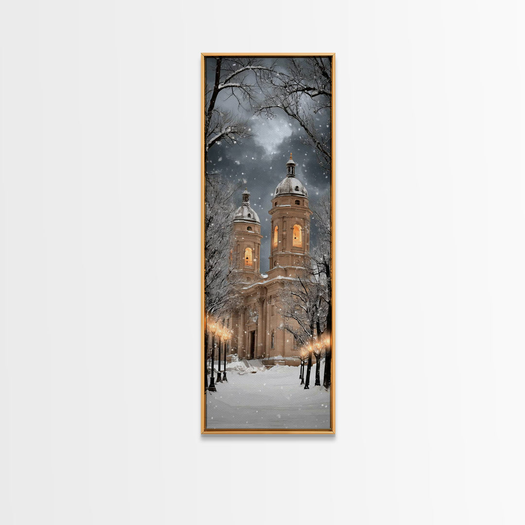 Snowfall Cathedral Peace - Framed Canvas Print - Christian Wall Art - Tall Skinny Art Print - Christian Art Canvas - Christmas Art Work - F