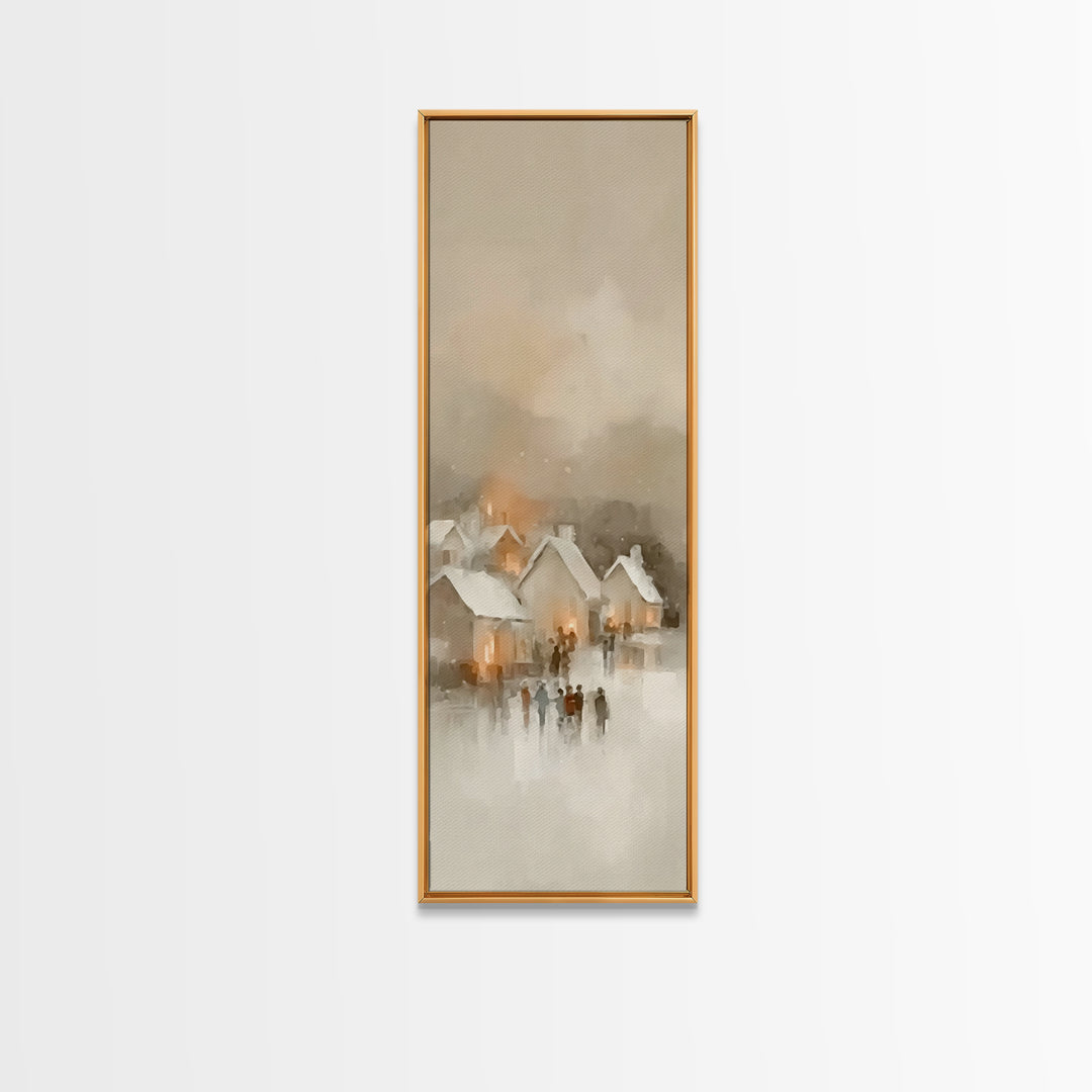 Village Lantern Glow - Framed Canvas Print - Christian Wall Art - Tall Skinny Art Print - Christian Christmas Art - Christian Art Canvas -
