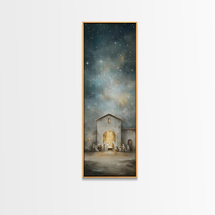 Holy Night Gathering – Framed Canvas Print – Christian Wall Art – Christmas Art – Christian Art Canvas – Tall Skinny Art Print