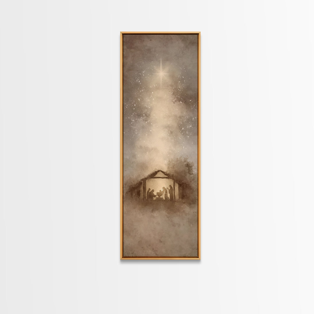 Blessed Manger Light – Framed Canvas Print – Christian Art Canvas – Christian Christmas Art – Christian Wall Art – Skinny Art