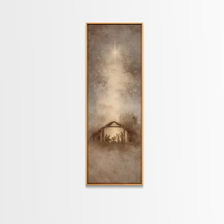 Blessed Manger Light – Framed Canvas Print – Christian Art Canvas – Christian Christmas Art – Christian Wall Art – Skinny Art