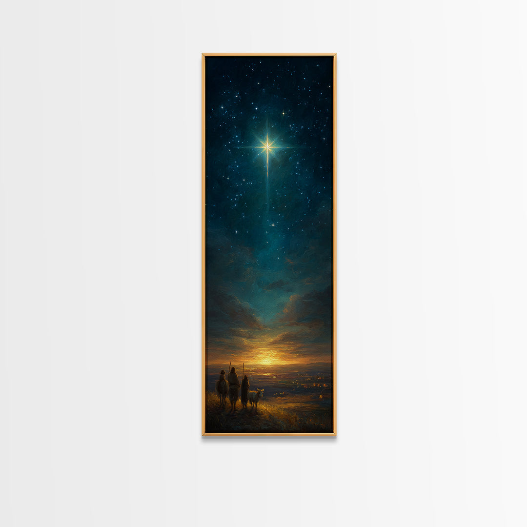 Heavenly Night Cross – Framed Canvas Print – Tall Skinny Art Print – Christian Christmas Decor – Jesus Painting – Christian Wall Art