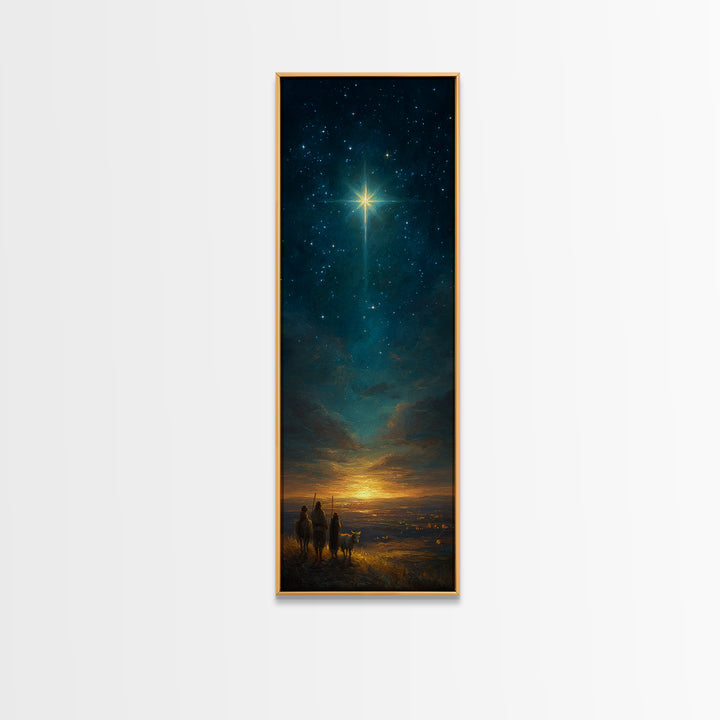Heavenly Night Cross – Framed Canvas Print – Tall Skinny Art Print – Christian Christmas Decor – Jesus Painting – Christian Wall Art