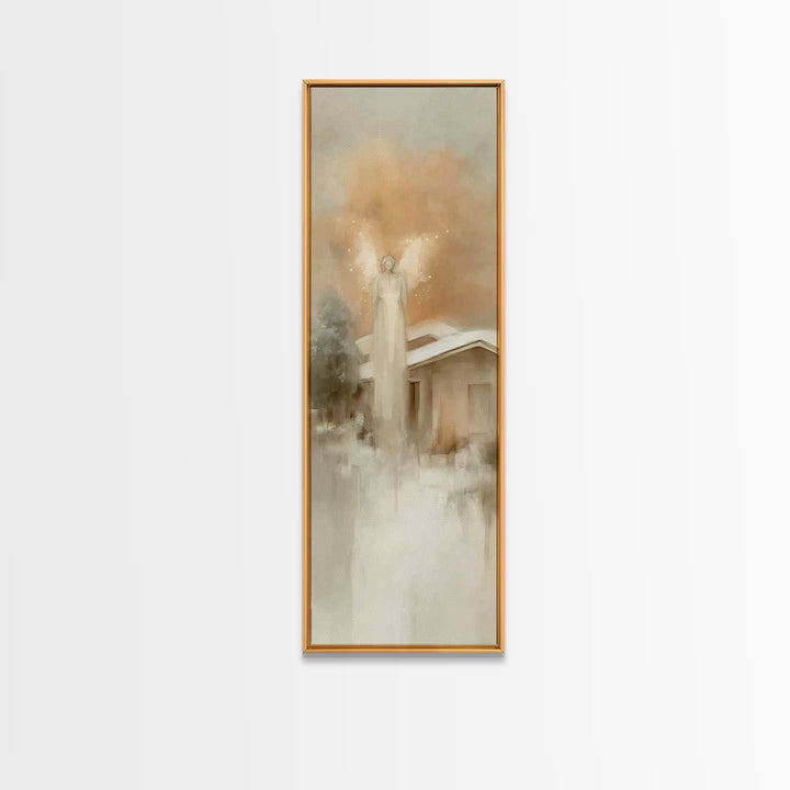 Angel Above Home – Framed Canvas Print, Christian Art Canvas, Christian Wall Art, Skinny Art, Christian Christmas Art, Subtle Christian Art