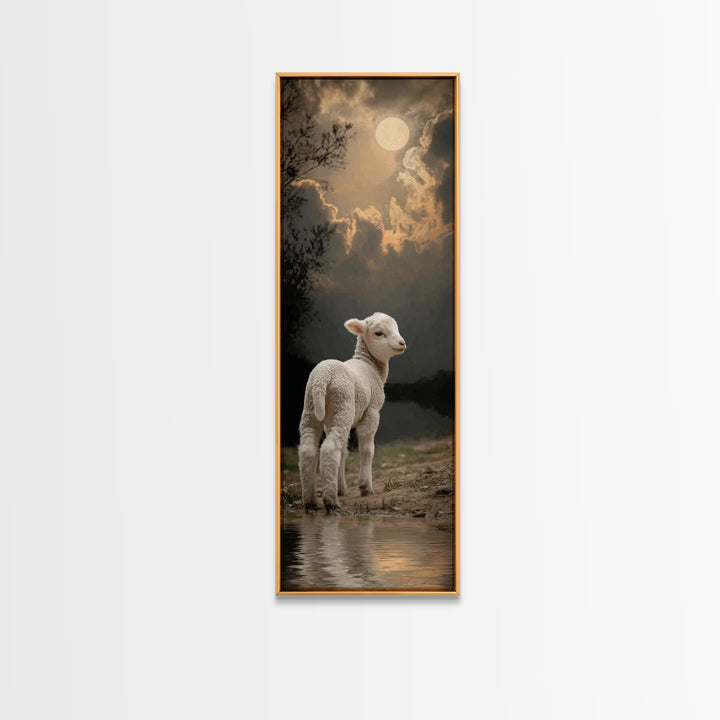 Moonlit Gentle Lamb, Framed Canvas Print, Christian Wall Art, Christian Art Canvas, Narrow Art, Christian Art Print, Christian Decor For Ho