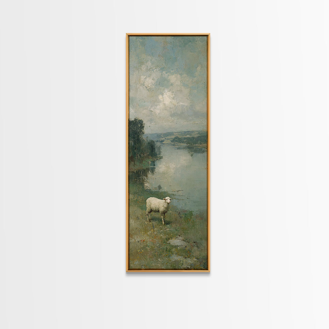 Riverbank White Lamb | Framed Canvas Print | Christian Art Canvas | Christian Wall Art | Skinny Art | Vintage Christian Art | Christian Dec