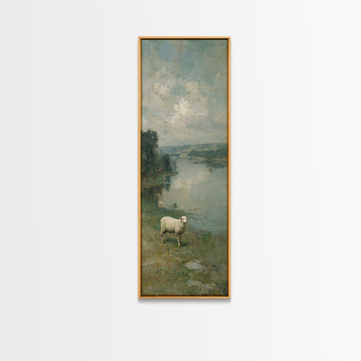 Riverbank White Lamb | Framed Canvas Print | Christian Art Canvas | Christian Wall Art | Skinny Art | Vintage Christian Art | Christian Dec