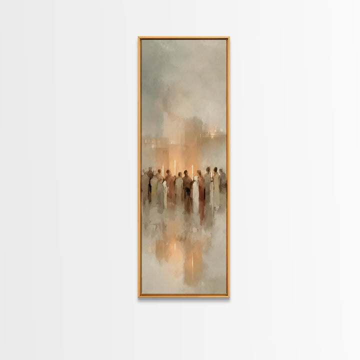 Candlelit Gathering | Framed Canvas Print | Christian Wall Art | Christian Christmas Art | Modern Christian Art | Narrow Art