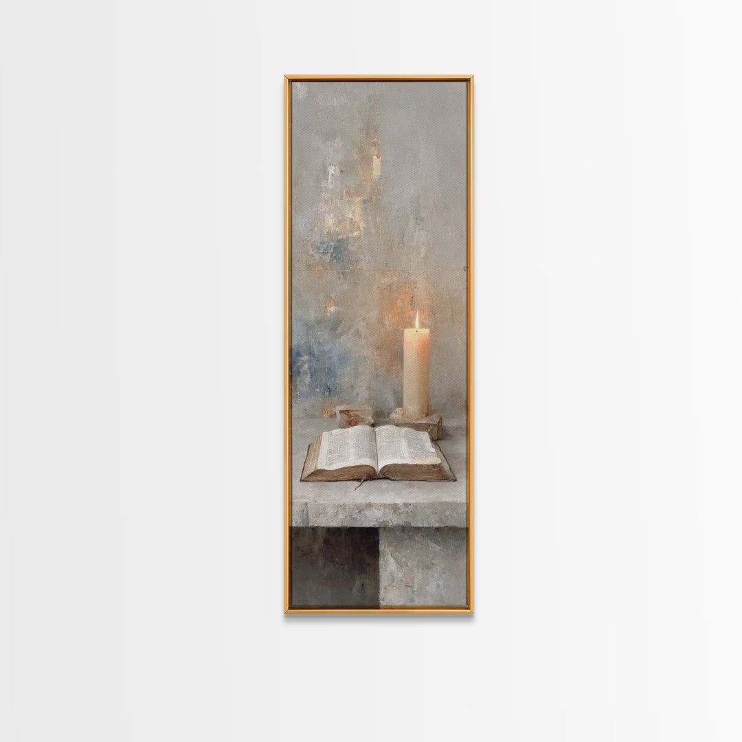 Quiet Scripture Flame – Framed Canvas Print – Narrow Art – Christian Painting – Christian Wall Art – Christian Art Gift – Modern Christian