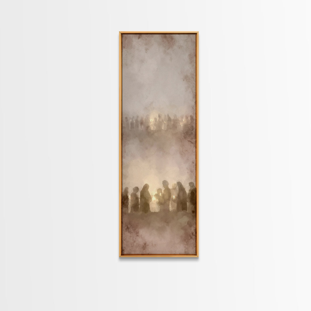 Candlelight Gathering, Framed Canvas Print, Skinny Art, Christian Art Canvas, Christian Wall Art, Christian Christmas Art, Christian Decor