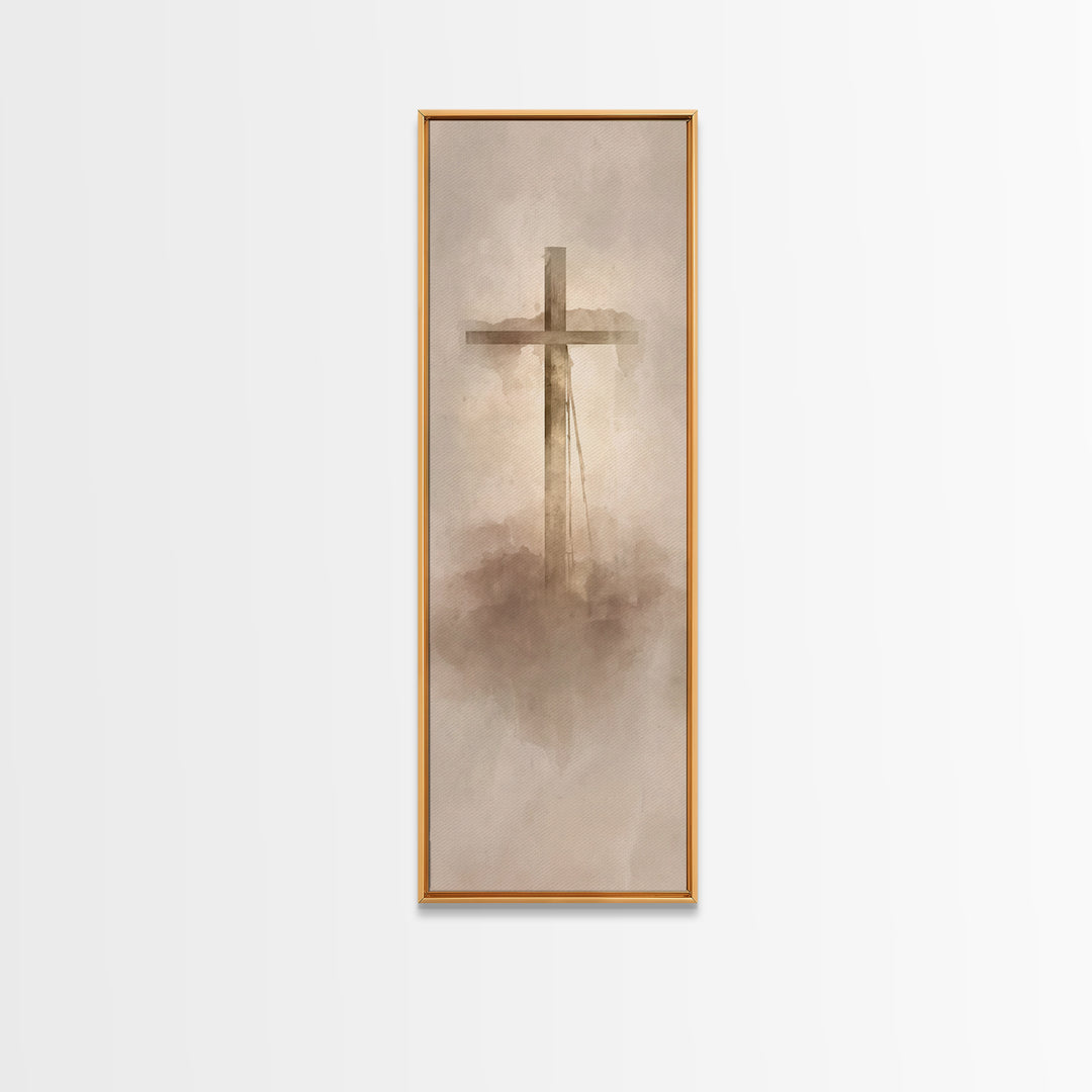 Cross In The Mist, Framed Canvas Print, Tall Skinny Art Print, Christian Art Canvas, Christian Wall Art, Christian Art Work, Christian Deco