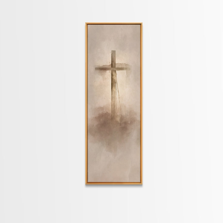 Cross In The Mist, Framed Canvas Print, Tall Skinny Art Print, Christian Art Canvas, Christian Wall Art, Christian Art Work, Christian Deco