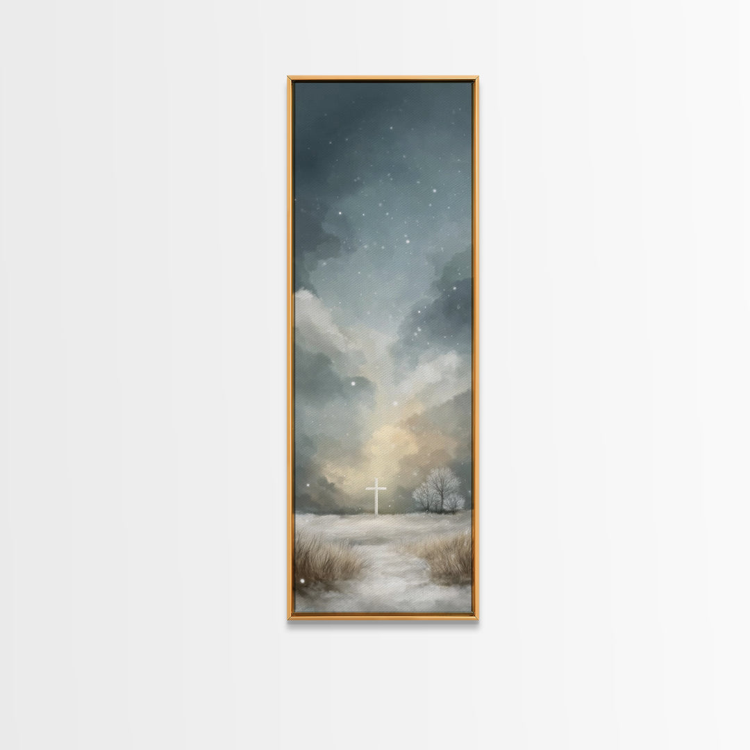 Sacred Hill Glow – Framed Canvas Print – Christian Wall Art – Jesus Painting – Tall Narrow Wall Art – Christian Art Canvas – Christmas Art