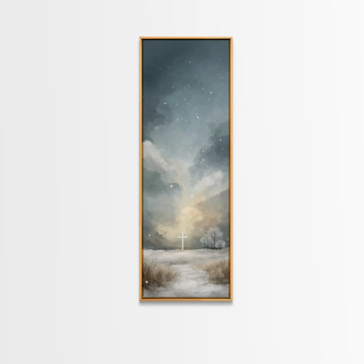 Sacred Hill Glow – Framed Canvas Print – Christian Wall Art – Jesus Painting – Tall Narrow Wall Art – Christian Art Canvas – Christmas Art