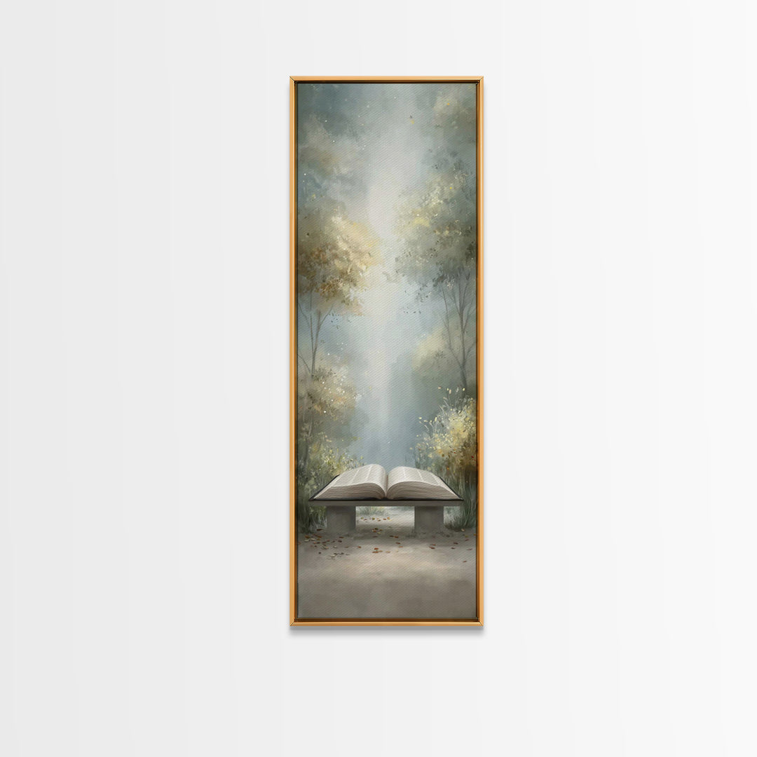 Sacred Forest Reading – Framed Canvas Print – Christian Wall Art – Christian Painting – Narrow Art – Christian Art Canvas – Christian Decor