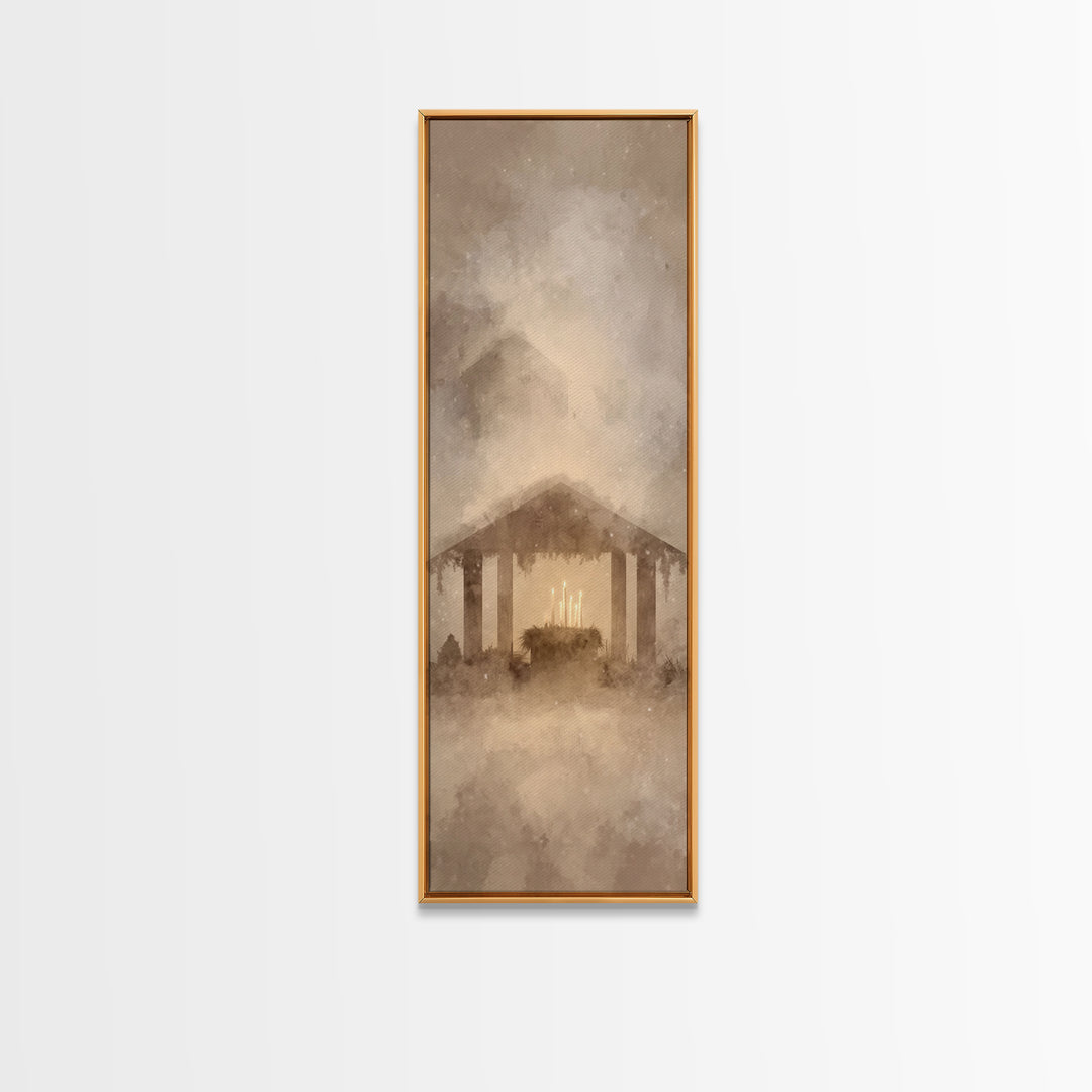 Holy Cradle Light – Framed Canvas Print – Christmas Art – Christian Art Canvas – Modern Christian Art – Skinny Art