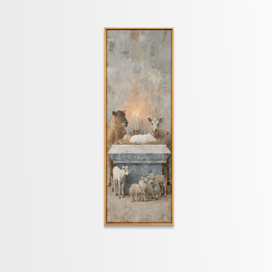 Serene Manger Hope – Framed Canvas Print – Christian Wall Art – Jesus Painting – Christmas Art – Narrow Art – Christian Art Canvas