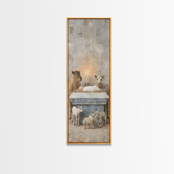 Serene Manger Hope – Framed Canvas Print – Christian Wall Art – Jesus Painting – Christmas Art – Narrow Art – Christian Art Canvas