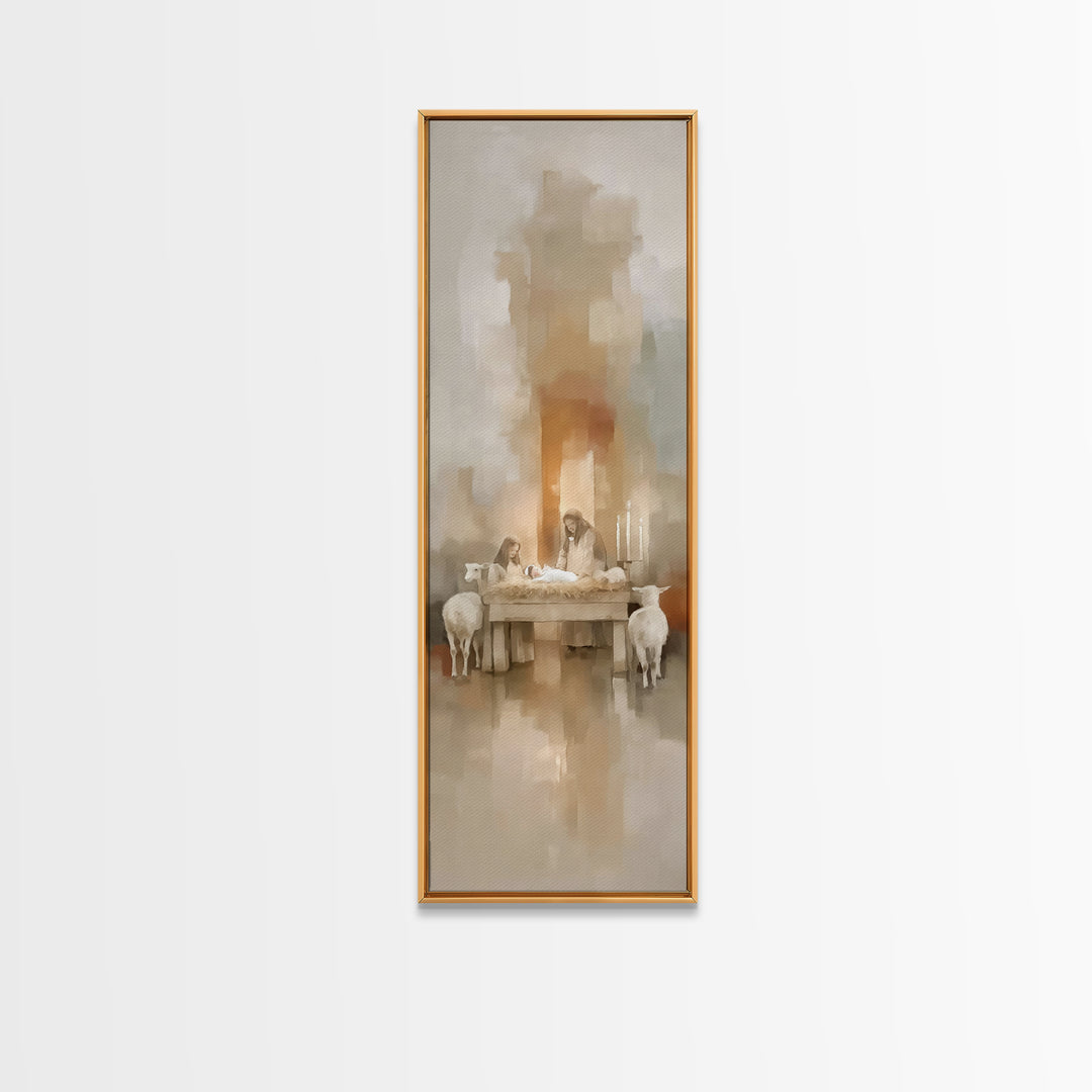 Holy Stable Calm, Framed Canvas Print, Christian Art Print, Christmas Art Prints, Narrow Art, Jesus Painting Canvas, Christian Christmas De