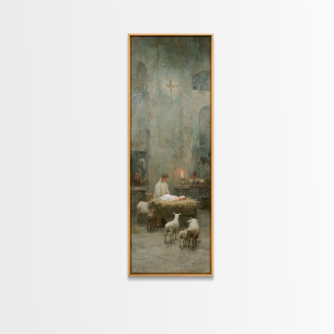 Quiet Nativity Glow | Framed Canvas Print | Christian Art Work | Modern Christian Art | Tall Narrow Wall Art | Christmas Art | Jesus Wall A