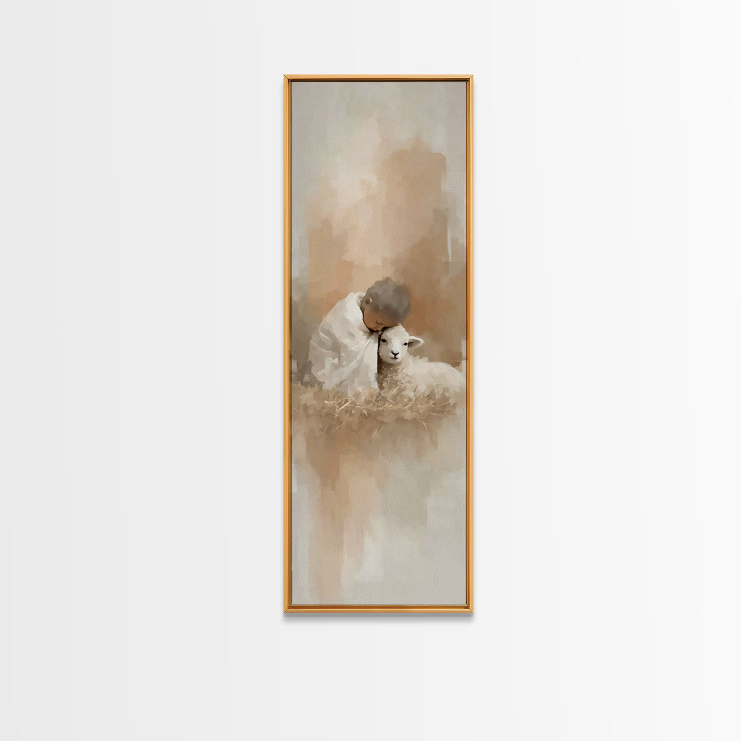 Tender Lamb Mercy, Framed Canvas Print, Christian Art Canvas, Christian Christmas Art, Narrow Art, Christian Gift, Jesus Art Print