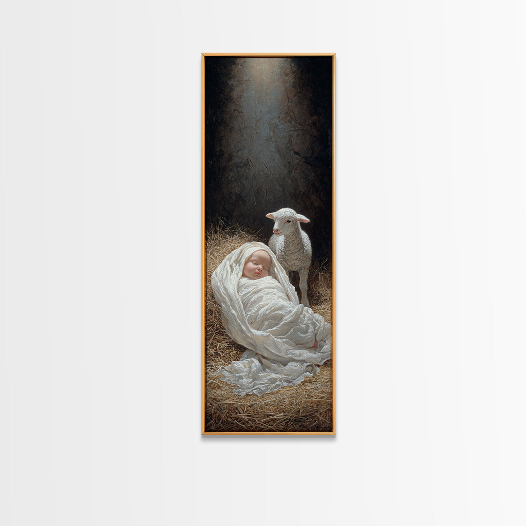 Radiant Manger Blessing, Framed Canvas Print, Christian Art Print, Christmas Art, Narrow Art, Jesus Christmas Art, Christian Wall Art