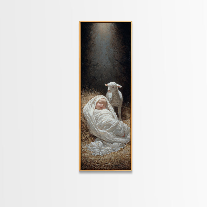 Radiant Manger Blessing, Framed Canvas Print, Christian Art Print, Christmas Art, Narrow Art, Jesus Christmas Art, Christian Wall Art