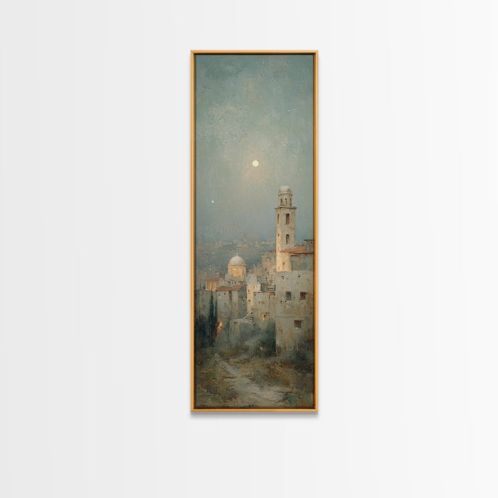 Moonlit Bethlehem Stillness | Framed Canvas Print | Christian Wall Art | Christmas Art | Tall Narrow Wall Art | Christian Art Print | Chris