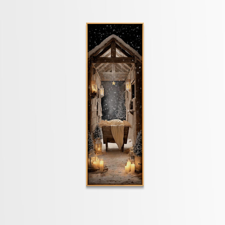 Starry Night Manger – Framed Canvas Print – Christian Christmas Art – Christian Wall Art – Christmas Canvas Wall Art – Tall Skinny Art Prin
